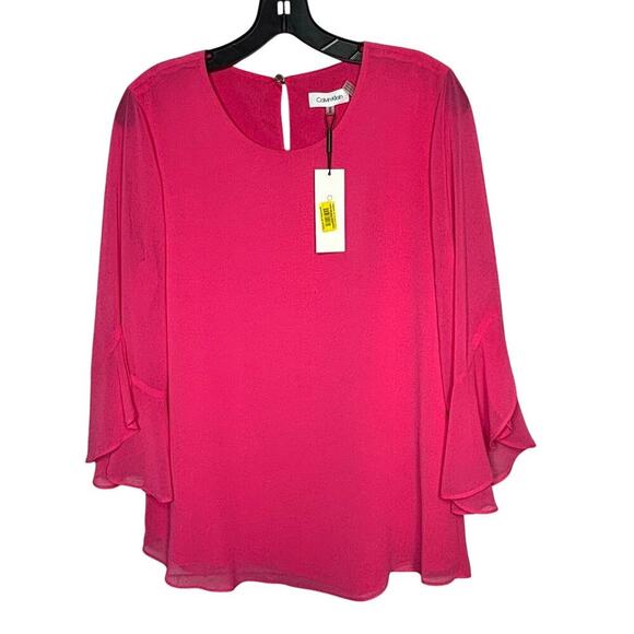 Calvin Klein Pink Lined Georgette Ruffle Office Career Preppy Blouse Medium New - Picture 1 of 6